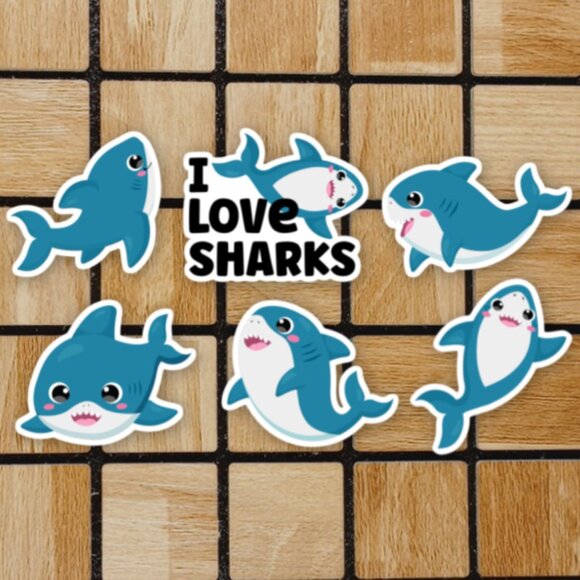 Cute Kawaii Shark Sticker Pack of 6 Vinyl Stickers Waterproof Sticker Set - Picture 1 of 4